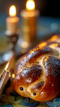 Golden Challah Bread and Candles for a Special Occasion Meal. photo