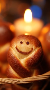 Sweet Braided Bread with a Smiley Face and Candle Light. photo