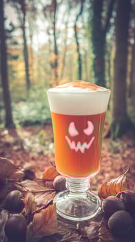 Spooky Halloween Drink with Pumpkin Face in Autumn Forest Setting. photo