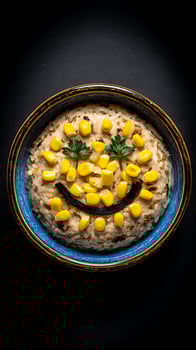 A Happy Meal Smiling Rice Bowl with Corn and Parsley. photo