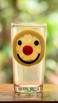 Happy Face Lemon Drink In A Glass With Bubbles. photo