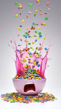 Colorful Cereal Splash From A Bowl With A Mouth. photo
