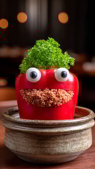 Funny Red Pepper Face with Green Hair and Grainy Mouth. photo