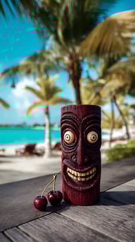 Tropical Tiki Fun Enjoying Cherries on a Sunny Beach Vacation. photo