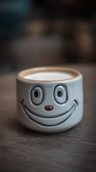 Cheerful Cup with Creamy Beverage on Wooden Surface. photo