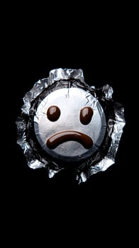 Sad Face Drawn in Chocolate on Shiny Foil with Black Background. photo