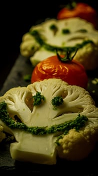 A Happy Face Made From Fresh Cauliflower and Tomatoes. photo