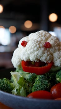 Funny Cauliflower Face with Broccoli and Red Pepper. photo