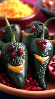 Fun Food Faces Stuffed Peppers with Pomegranate Smiles and Cheesy Grins. photo