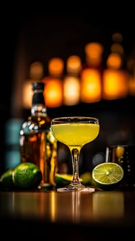 Refreshing Cocktail with Limes and Amber Spirit Bottle in Dim Light. photo
