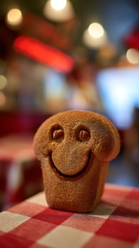 Happy Little Cookie Smiling Brightly on a Red Checked Tablecloth. photo
