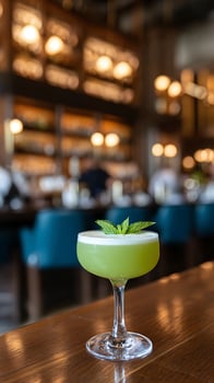 Refreshing Green Cocktail with Mint in Elegant Glass on Wooden Bar. photo
