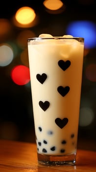 Creamy Bubble Tea with Heart Decorations and Festive Bokeh Lights. photo