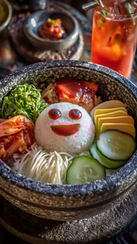 Fun Face Rice Bowl with Korean Kimchi and Refreshing Drink. photo