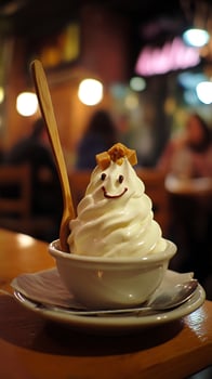 A Happy Swirl of Soft Serve Ice Cream with Caramel Topping. photo