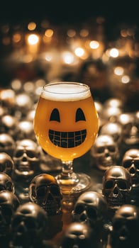 Smiley Face Beer Glass Among Golden Skulls, Halloween Mood. photo