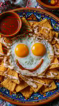 Happy Face Nachos With Fried Eggs And Salsa On A Colorful Plate. photo