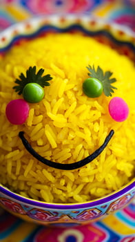 Happy Smiley Face Made of Delicious Yellow Rice and Fresh Peas. photo