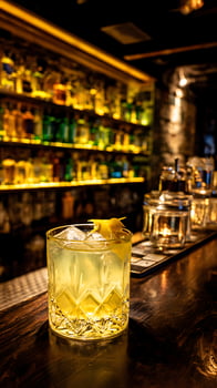 A Refreshing Cocktail on a Bar Counter with Blurred Bottles Background. photo