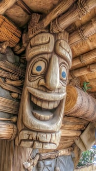 Whimsical Wooden Tiki Face Welcomes You to Paradise. photo