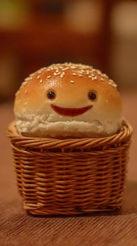 Happy Burger Bun Face Sits in a Woven Basket. photo