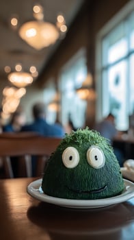 A Fun Green Monster Cake with Big Eyes on a Wooden Table. photo