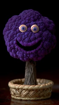 Playful Purple Broccoli Character with a Happy Face in a Basket. photo