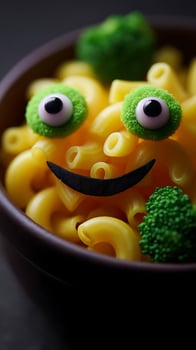 Funny Macaroni Monster with Googly Eyes and Broccoli Bits. photo
