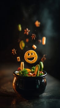 Joyful food in a bowl with floating ingredients, a delicious celebration. photo