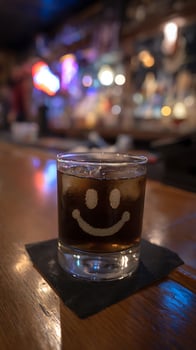 Smiley Face Drink in a Bar with Blurred Colorful Lights. photo