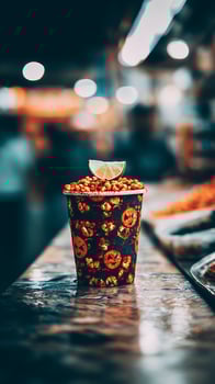 Spiced Corn Snack with a Lime Wedge in a Halloween Cup photo