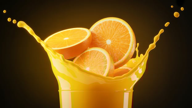 Refreshing Orange Juice Splash Juicy Slices Falling into a Glass Against a Dark Background - Professional digital artwork with vibrant colors and detailed composition photo