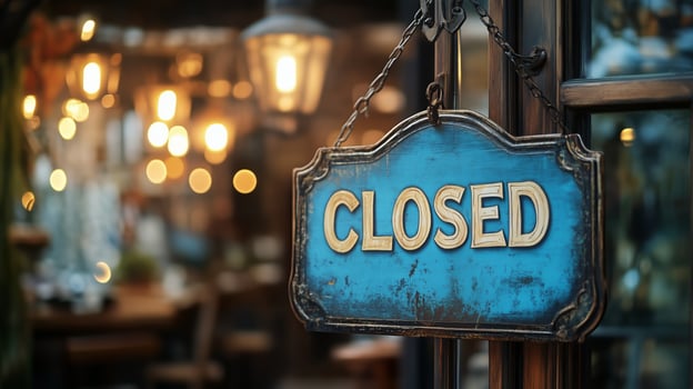 Closed Sign Hangs Outside a Cozy Cafe During Evening Hours With Warm Lights in View photo