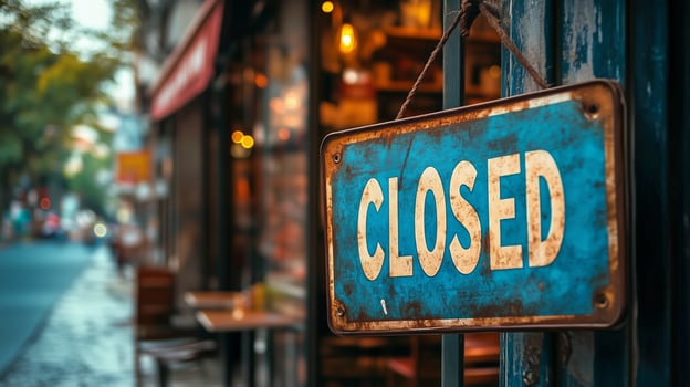 Closed Sign Hangs Outside a Cozy Cafe During Evening Hours With Warm Lights in View. photo