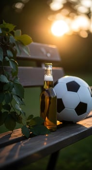 Brown beer bottle with fresh cold beer and soccer ball on a bench in the park. photo