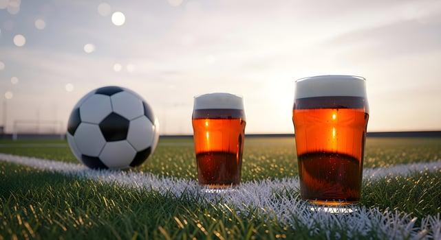 Beer glass two mugs with fresh light beer or lager on a green football field with a ball. Banner concept beer advertising, sponsor of the World Cup, sports event with copyspace. photo