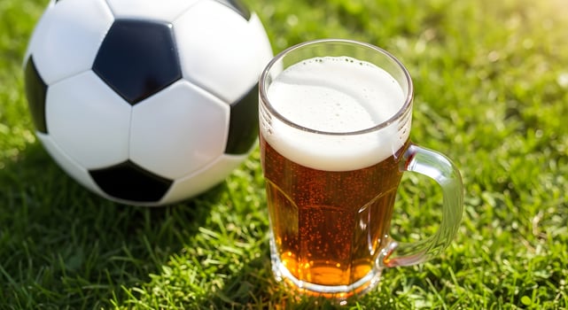 Beer glass mug with fresh light beer or lager on green football field with a ball. Banner concept beer advertising, sponsor of the World Cup, sports event with copyspace. photo