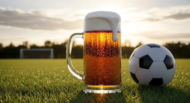 Beer big glass mug with fresh light beer or lager on a green football field with a ball. Banner concept beer advertising, sponsor of the World Cup, sports event with copyspace. photo