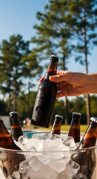 Bottles of dark beer in a bucket with ice on the background of a camp forest. Summer mockup vertical template for advertising beer brand, pool party, vacation and craft beer, International Beer Day photo