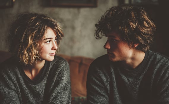 Young couple gazing lovingly at each other in warmly lit room photo