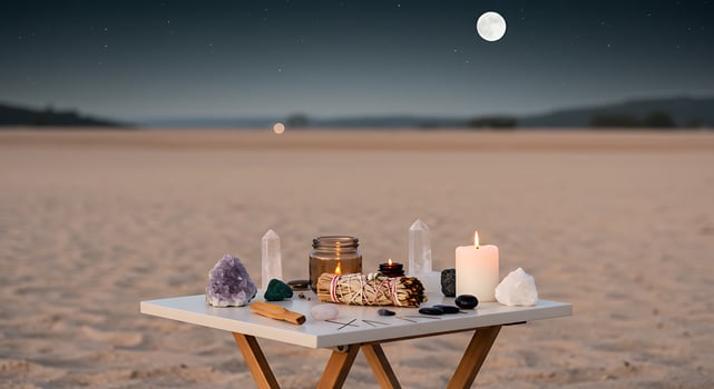 Mystical Nighttime Altar with Crystals Candles and Incense on Beach Under Moonlit Sky photo