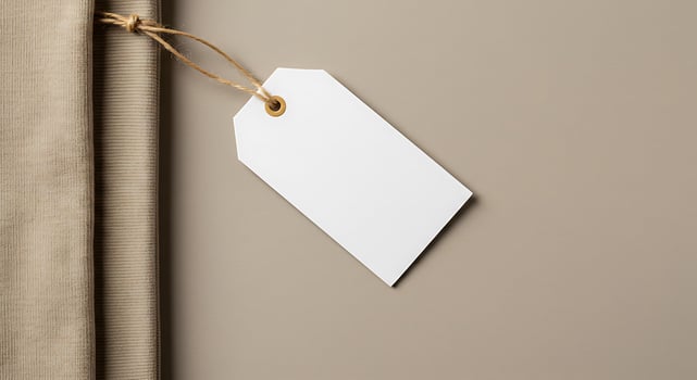 Blank White Price Tag Hanging on Neutral Background with Fabric and Rope photo