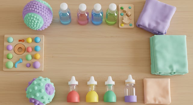Colorful Baby Teething Toys Bottles and Soft Cloths on Wooden Surface photo