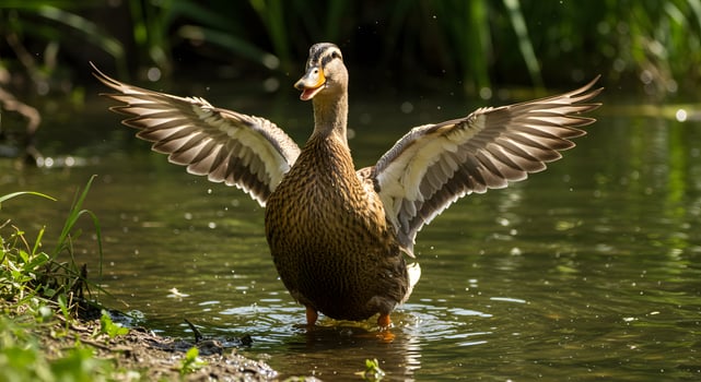 Angry duck is standing in near a pond with feathers ruffled, perfect for educational materials, wildlife blogs photo