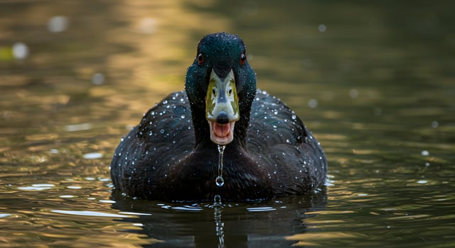 Close up of a Black Duck with angry expression in Water, excellent for storytelling visuals, wildlife conservation posters, or mood-based memes. photo