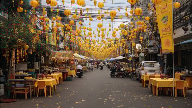 Vibrant street scene during Thai Vegetarian Festival features numerous yellow lanterns hanging above, with tables set up along road for dining. atmosphere is festive and lively photo