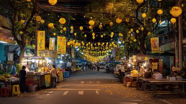 Vibrant street scene during Thai Vegetarian Festival features yellow lanterns hanging above bustling food stalls and people enjoying festive atmosphere photo