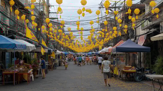 Vibrant street scene during Thai Vegetarian Festival features yellow lanterns hanging above bustling market. People stroll among stalls under cloudy sky, creating lively atmosphere photo
