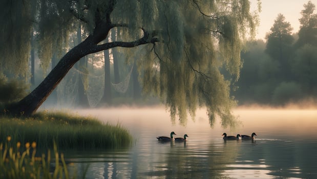 Serene morning scene with ducks swimming in a misty lake surrounded by lush greenery and trees photo