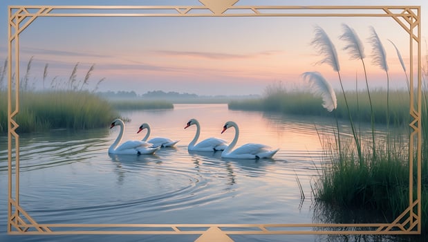Serene morning scene with four swans gliding on a tranquil river amidst lush grasses and soft light photo